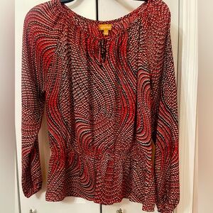 Ellen Tracy Top Blouse Size S Red/black/White Long Sleeve 100% Polyester